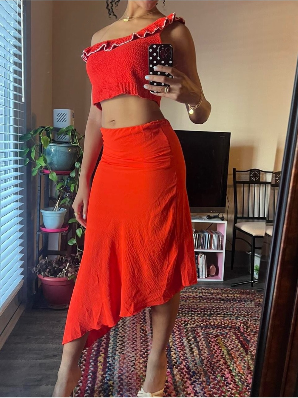 Bright orange midi dress / maxi skirt, asymmetrical hem, strapless